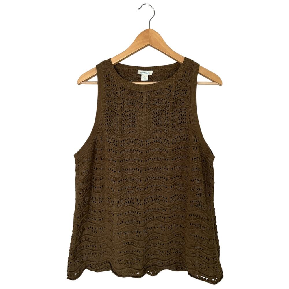 Sundance Ravina Knit Tank Top Sweater Women L Olive Boho Scalloped Hem Cotton